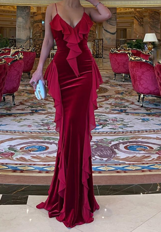 V-Neck Spaghetti Straps Velvet Ruffled Mermaid Evening Dress