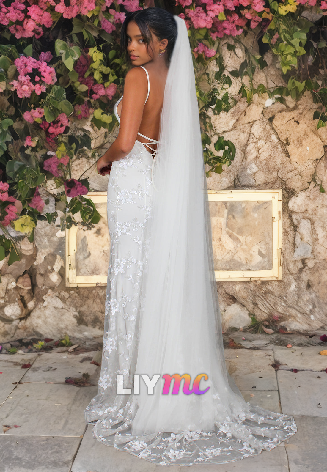 LW071 - Mermaid/Trumpet V Neck Spaghetti Straps Lace Satin Long Wedding Dress