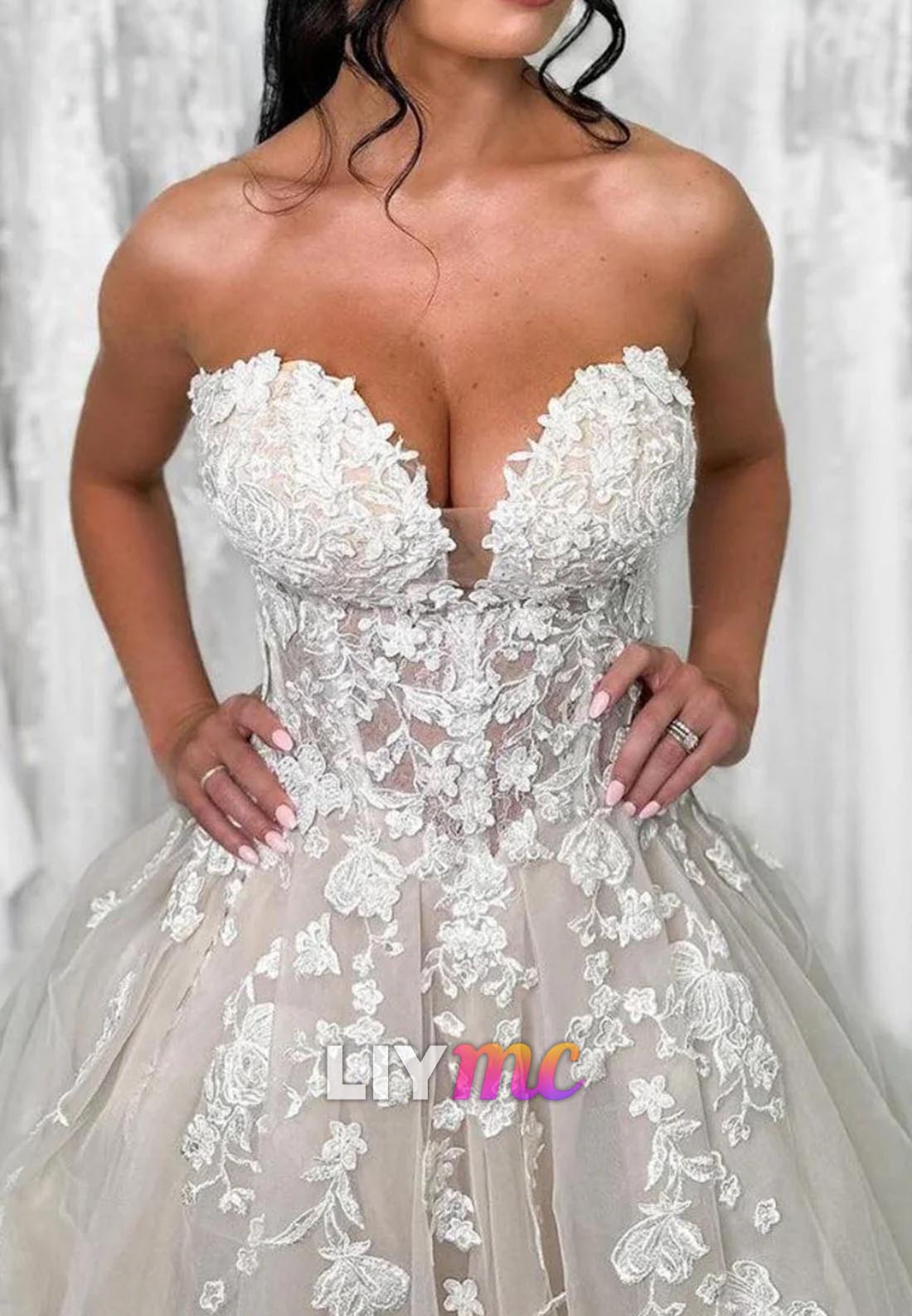 V-Neck Strapless Appliques A-Line Wedding Dress