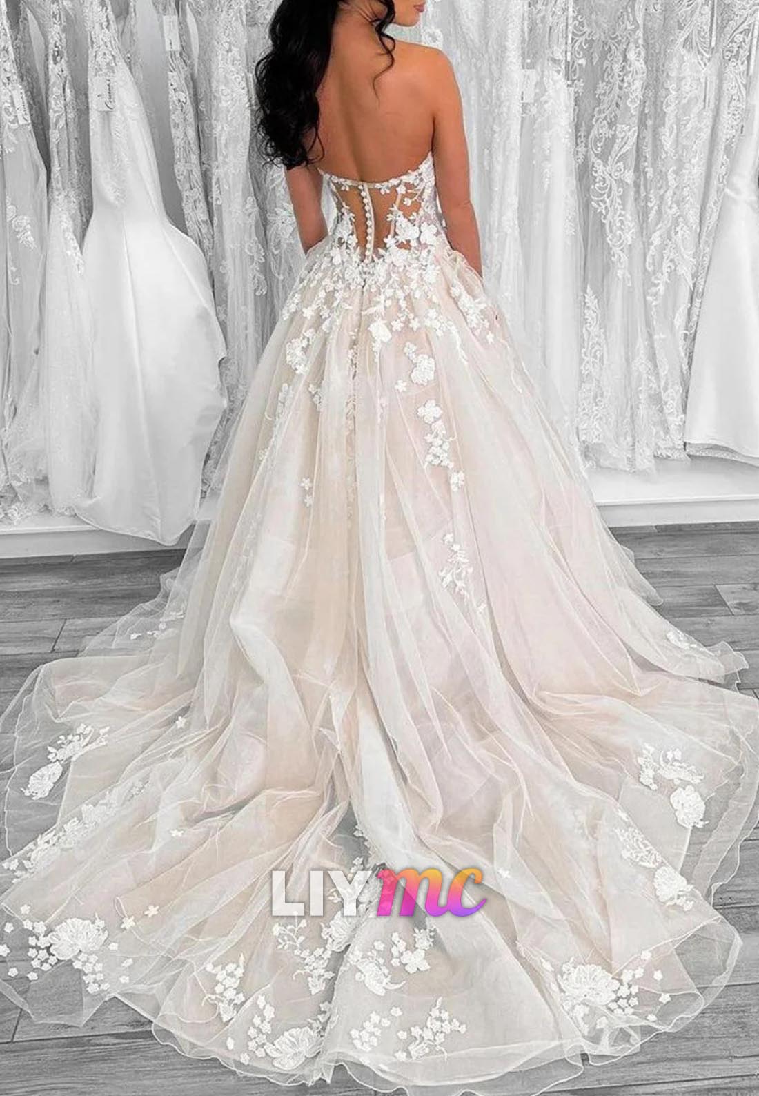 V-Neck Strapless Appliques A-Line Wedding Dress