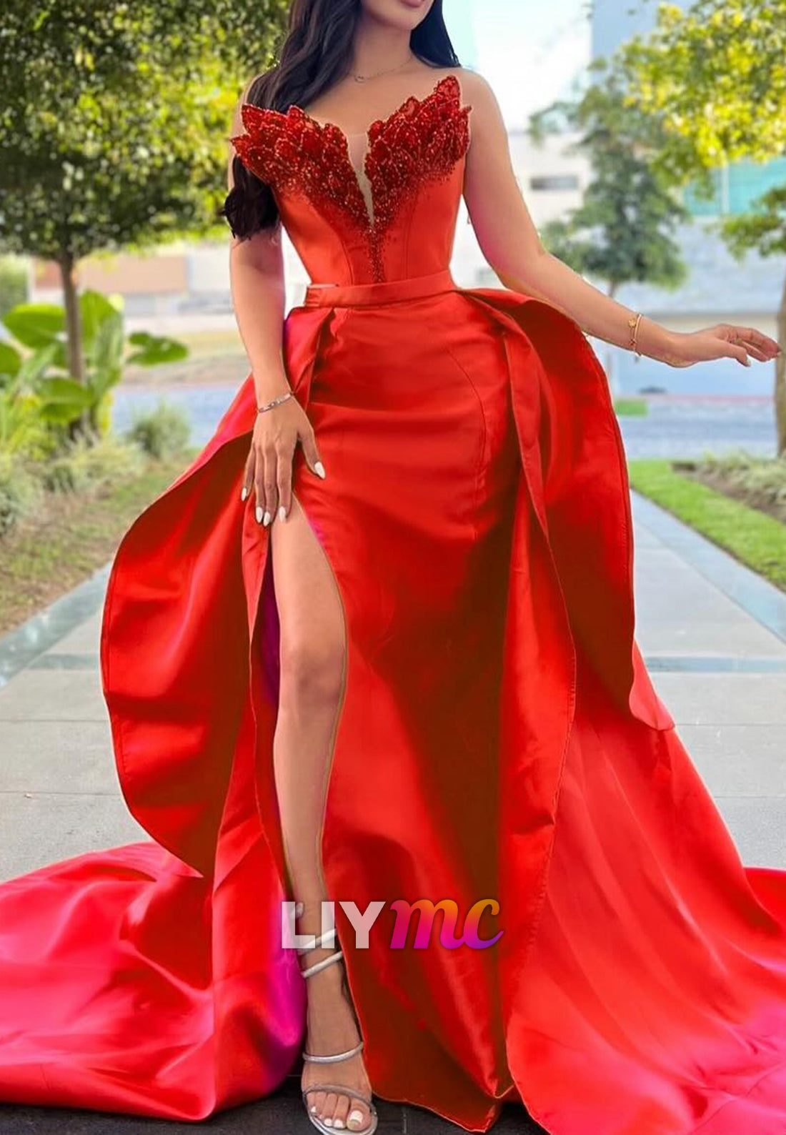 V-Neck Strapless Beaded Prom Dress Sheath Party Dress