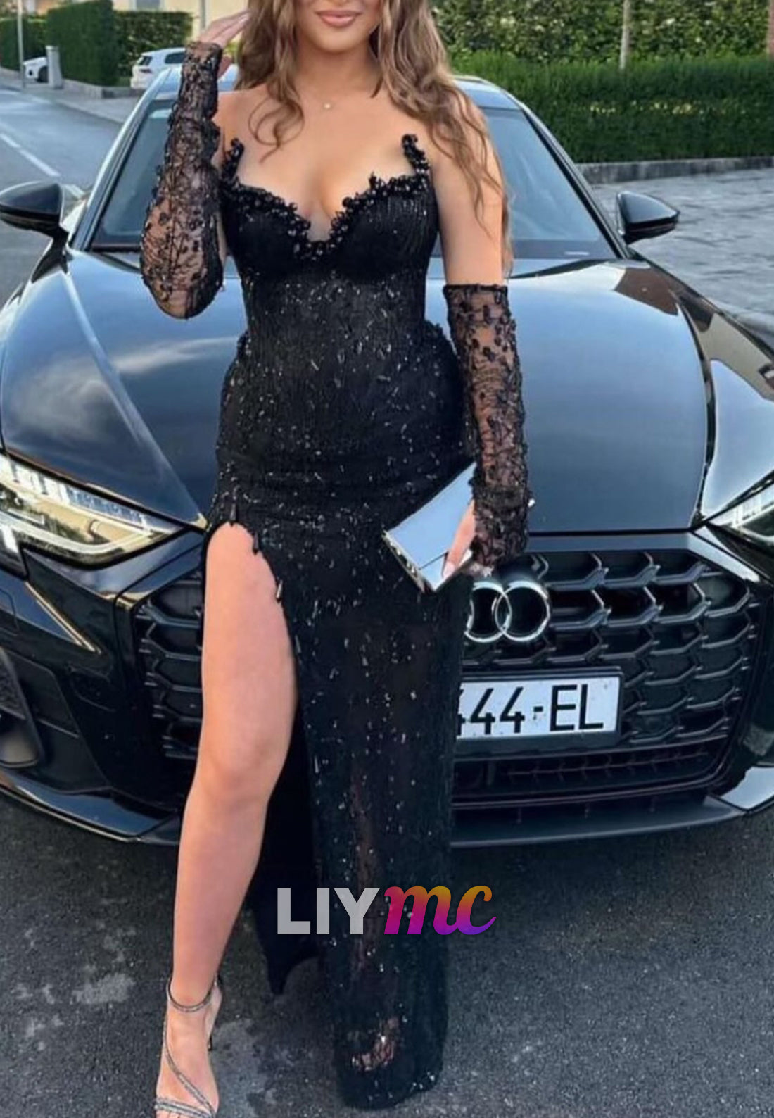 V-Neck Strapless Beaded Sheath Prom Dress with Gloves