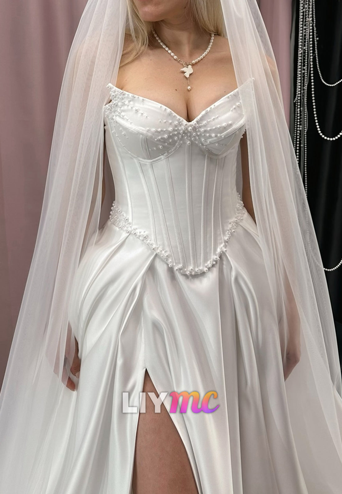 V-Neck Strapless Beaded Side Slit A-Line Satin Wedding Dress
