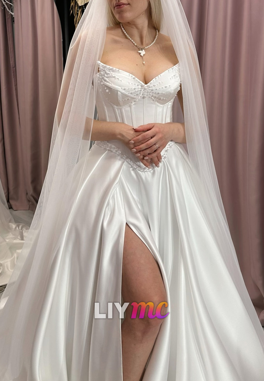 V-Neck Strapless Beaded Side Slit A-Line Satin Wedding Dress