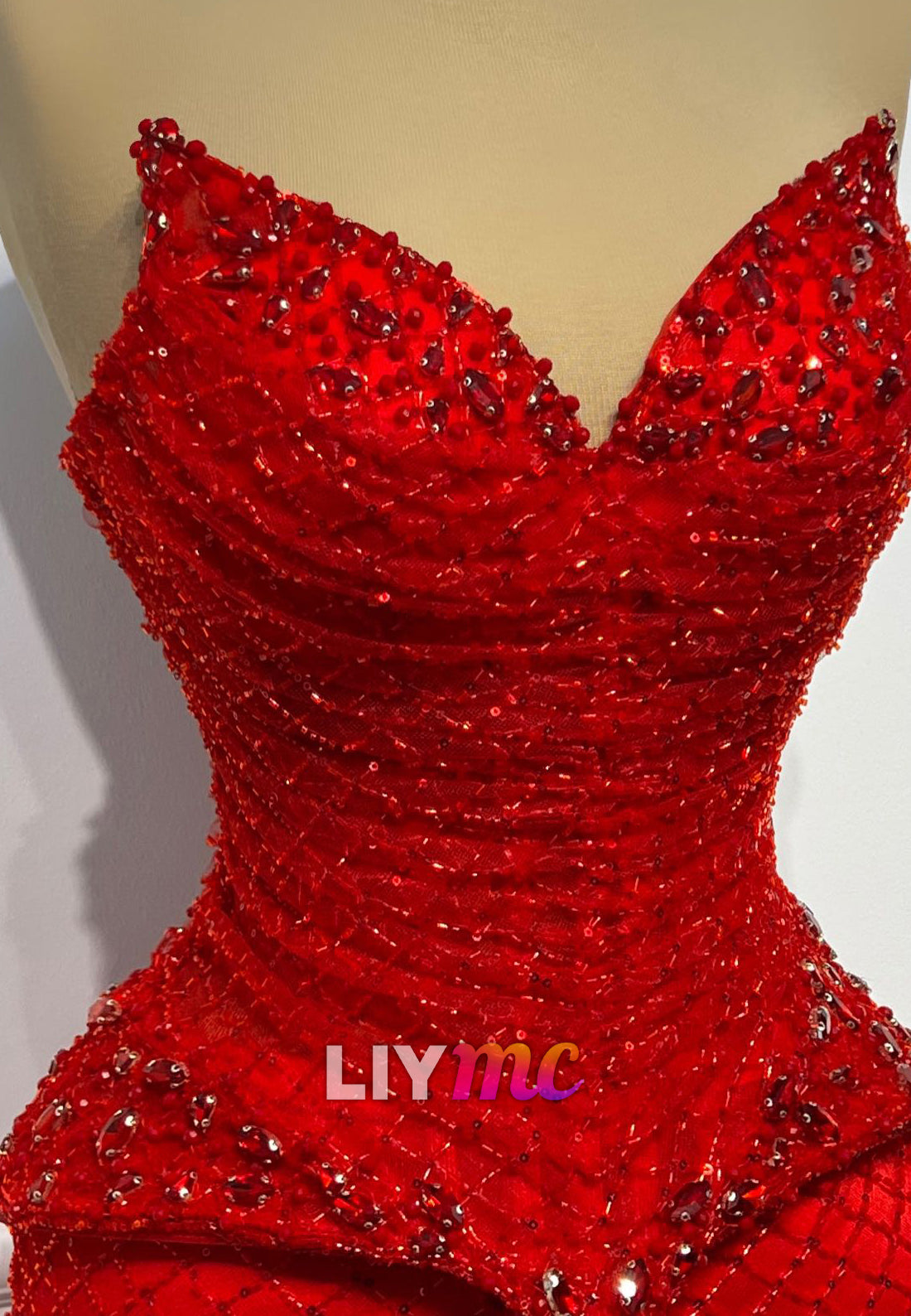 V-Neck Strapless Beaded Sparkly Mermaid Red Prom Dress