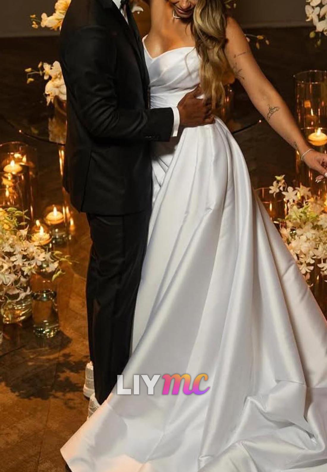 V-Neck Strapless Pleated A-Line Simple Wedding Dress