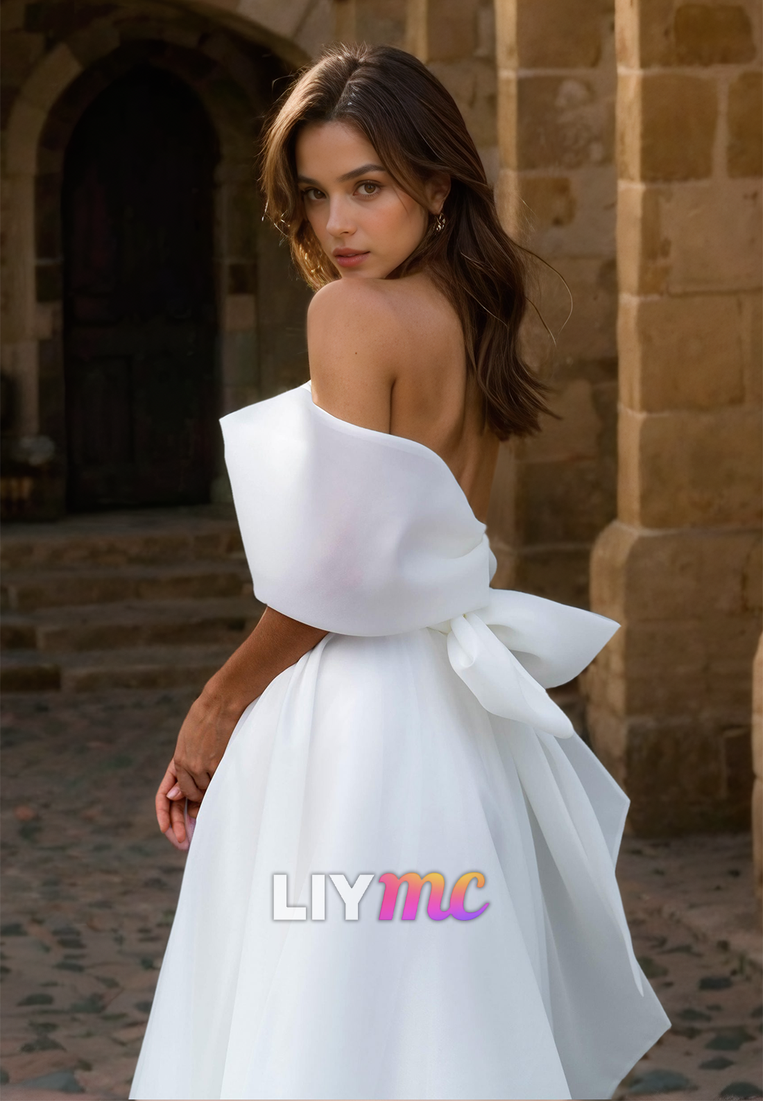 V-Neck Strapless Pleated Side Slit A-Line Beach Wedding Dress