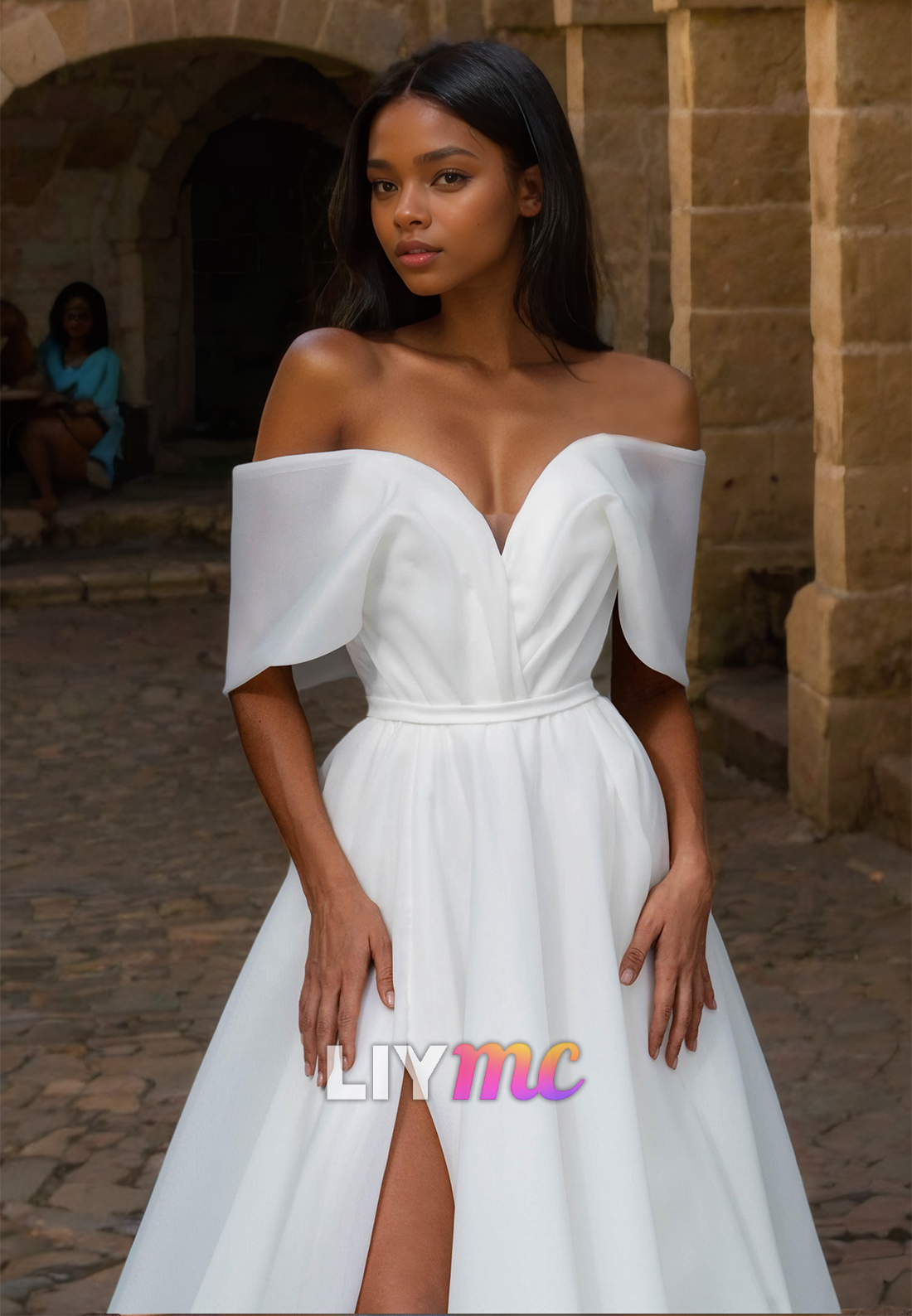 V-Neck Strapless Pleated Side Slit A-Line Beach Wedding Dress