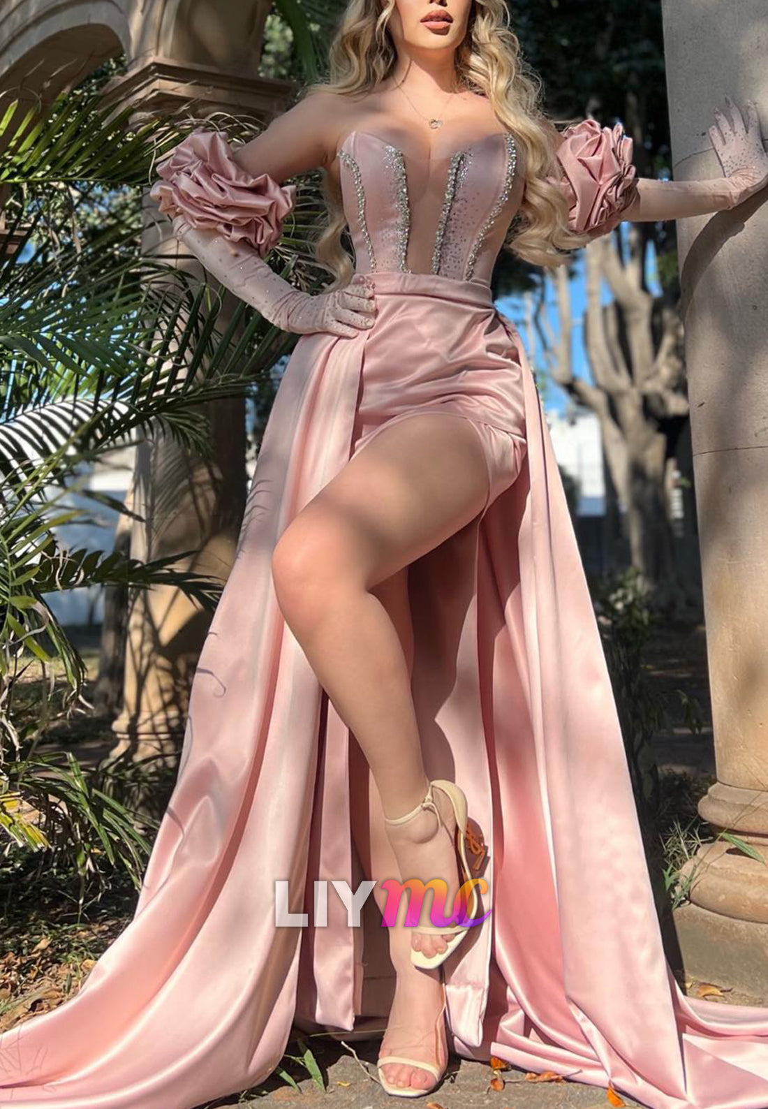 V-Neck Strapless Side Slit Beaded Sheath Prom Dress