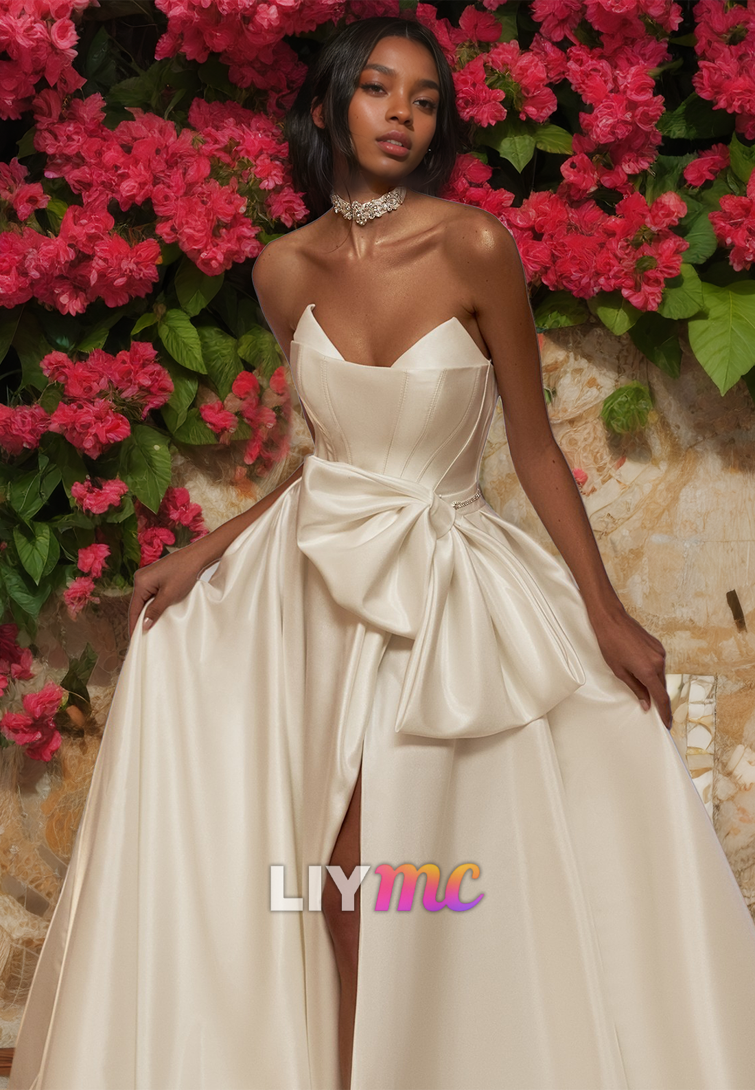 V-Neck Strapless Sleek Bowknot Pleated Satin A-Line Wedding Dress