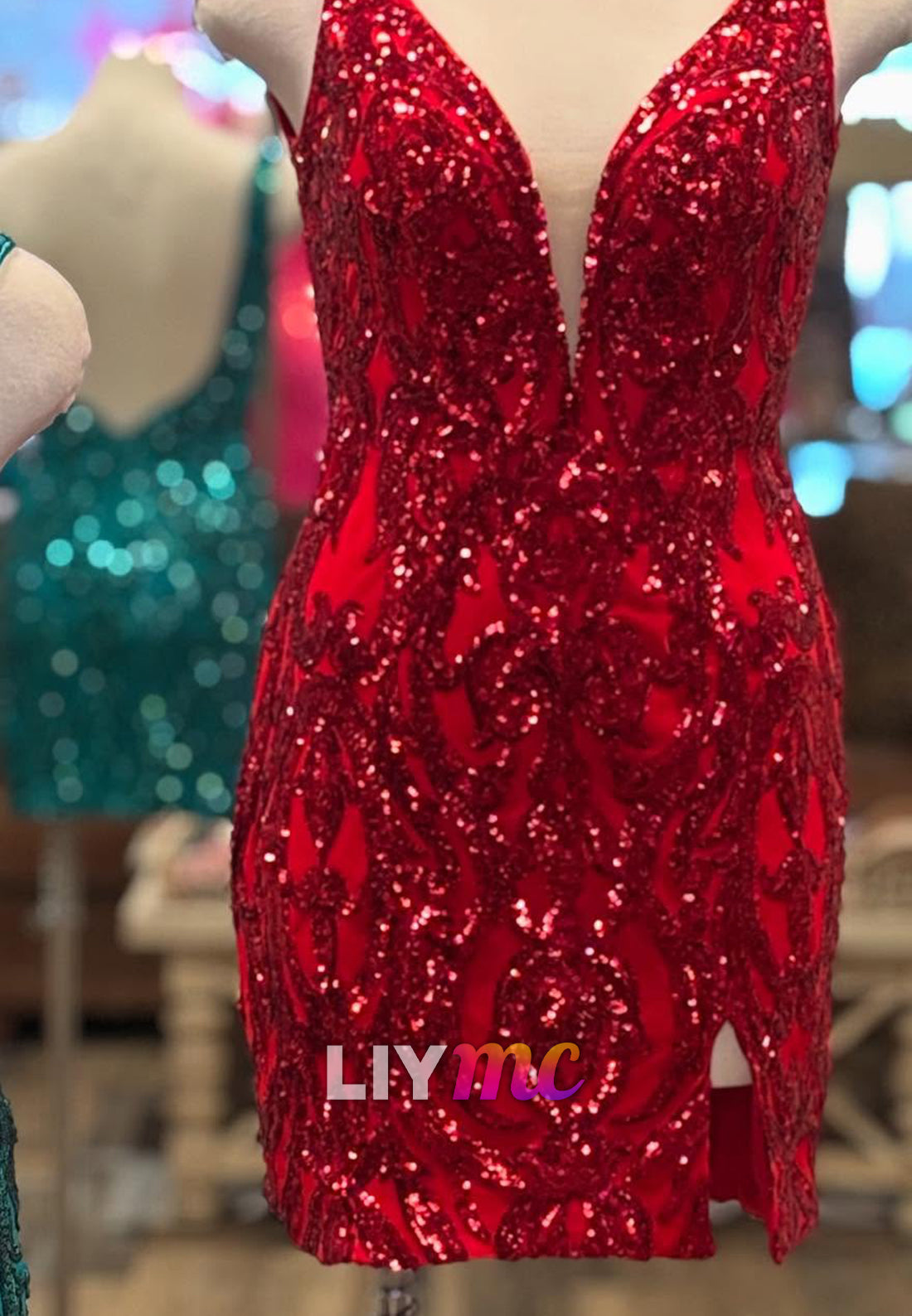 V-Neck Straps Sequins Appliques Fitted Sheath Homecoming Dress