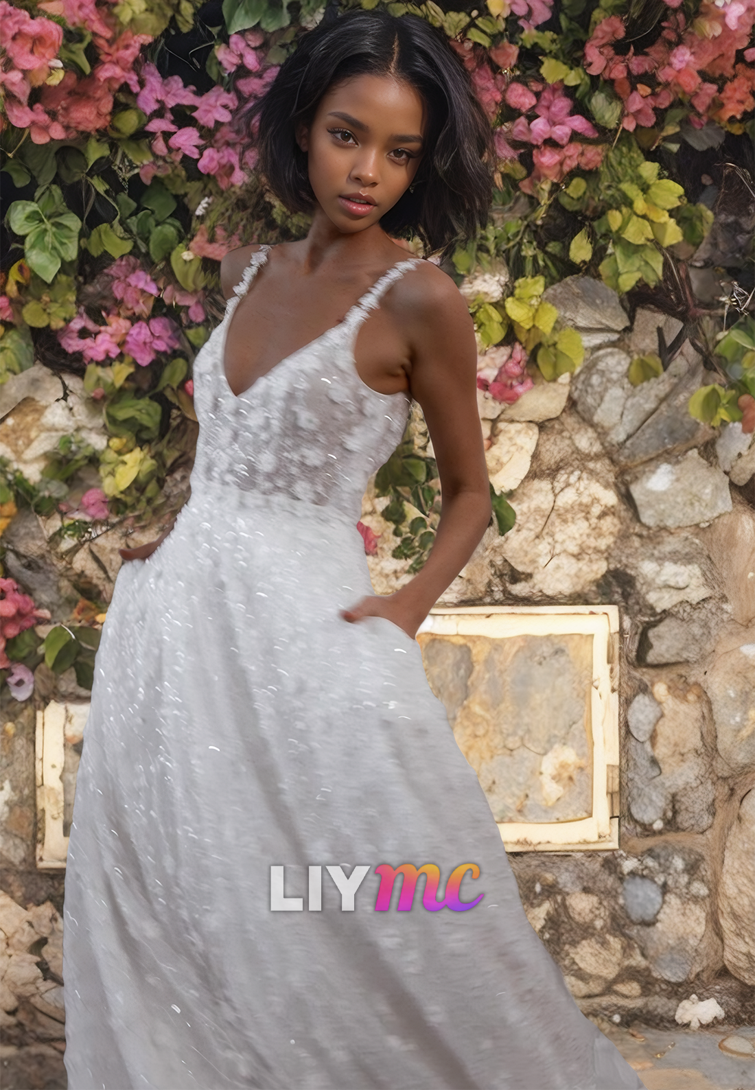 V-Neck Straps Appliques Tulle A-Line Beach Wedding Dress