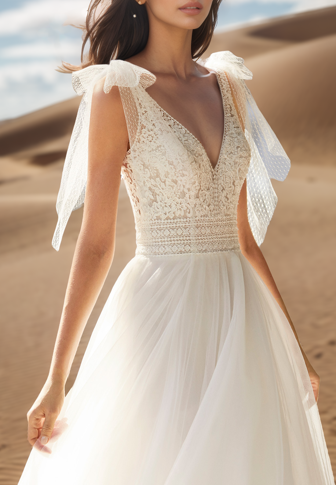 V-Neck Straps Appliques Tulle A-Line Boho Wedding Dress