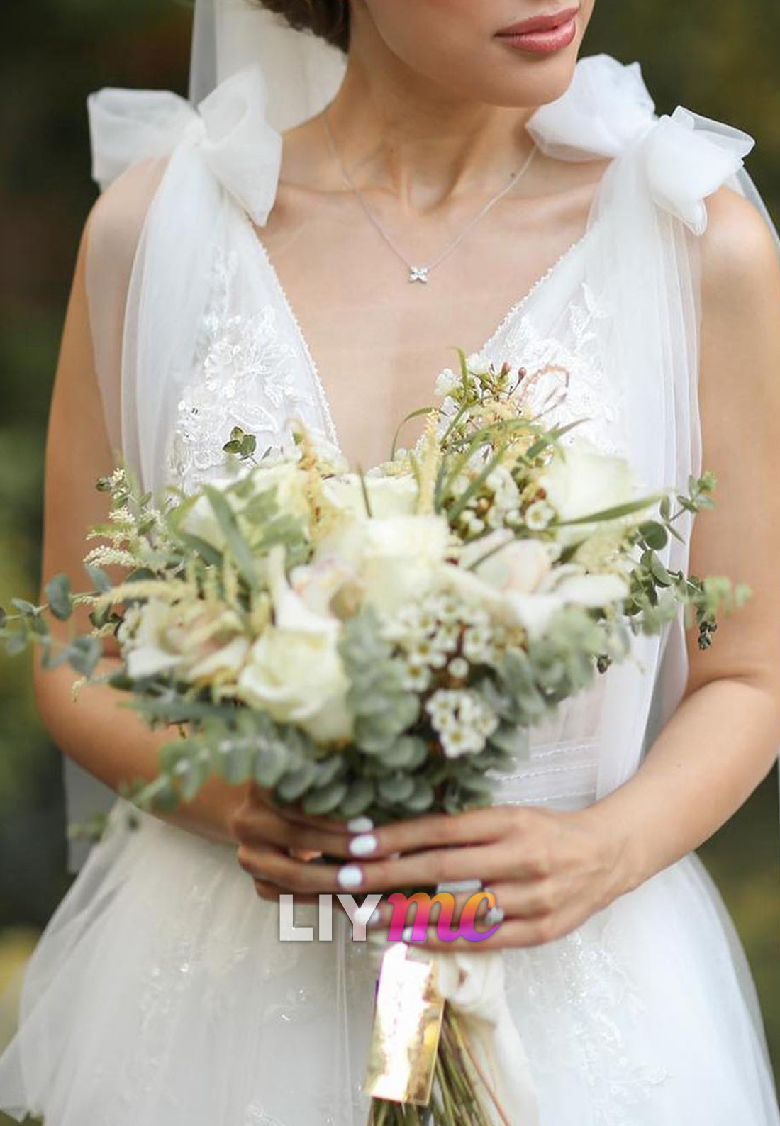 V-Neck Straps Appliques Tulle A-Line Wedding Dress