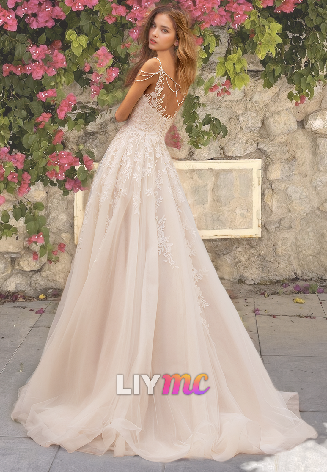 V-Neck Straps Appliques Tulle Ball Gown Wedding Dress