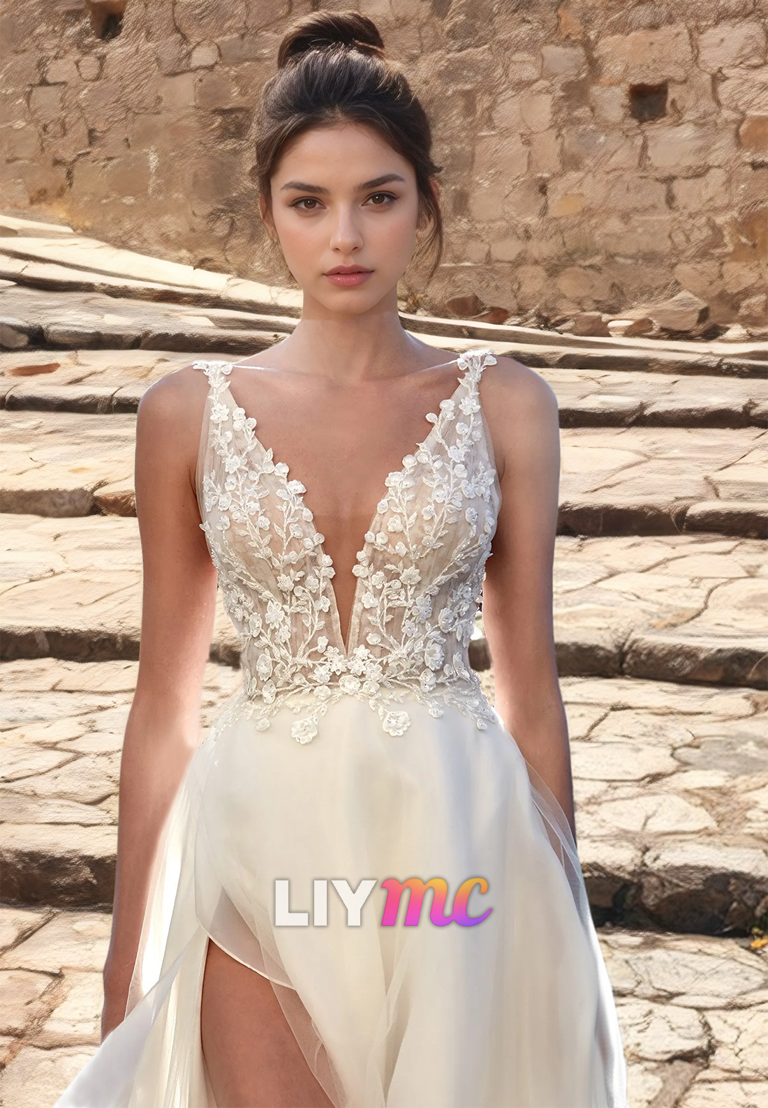 V-Neck Straps Appliques Tulle Side Slit A-Line Beach Wedding Dress
