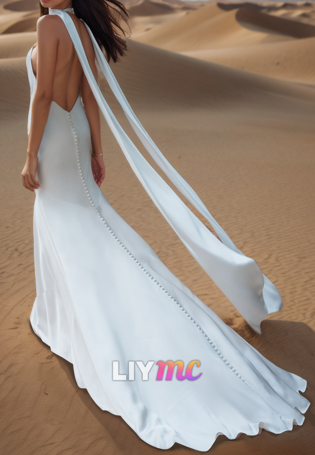 V-Neck Straps Backless Sleek Mermaid Beach Wedding Dress
