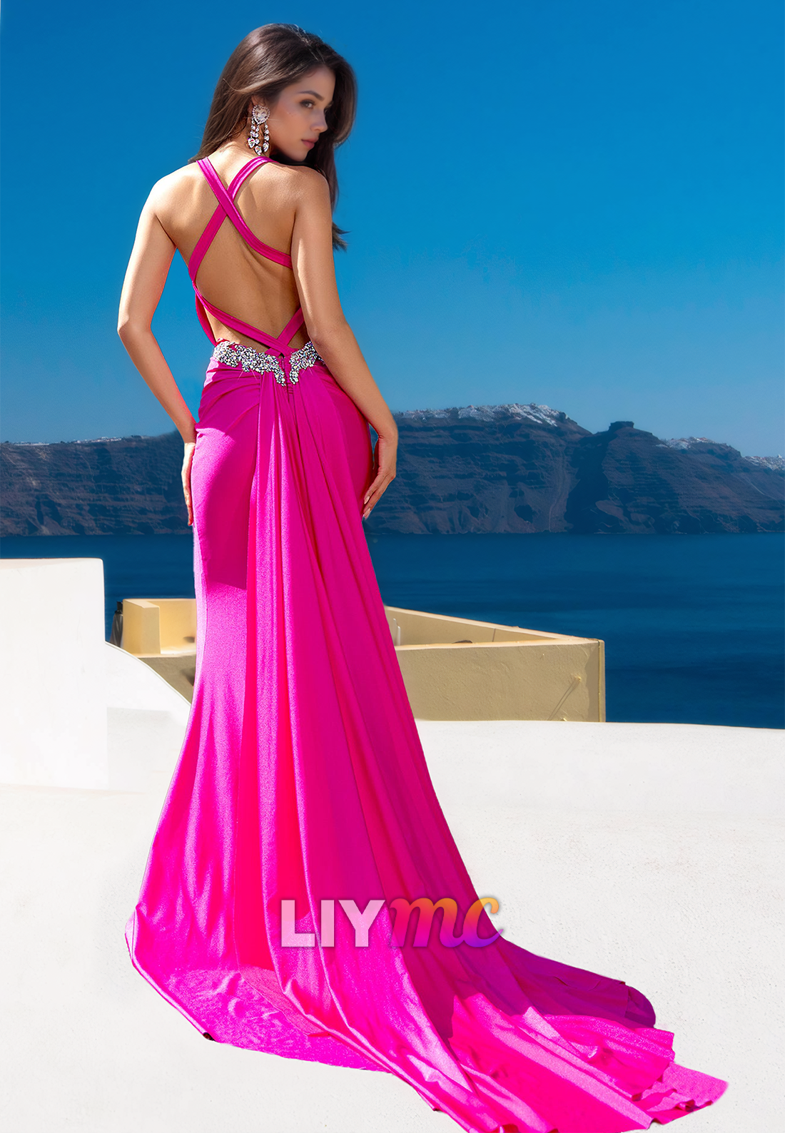 V-Neck Straps Beaded Backless Sleek Mermaid Fuchsia Prom Dress