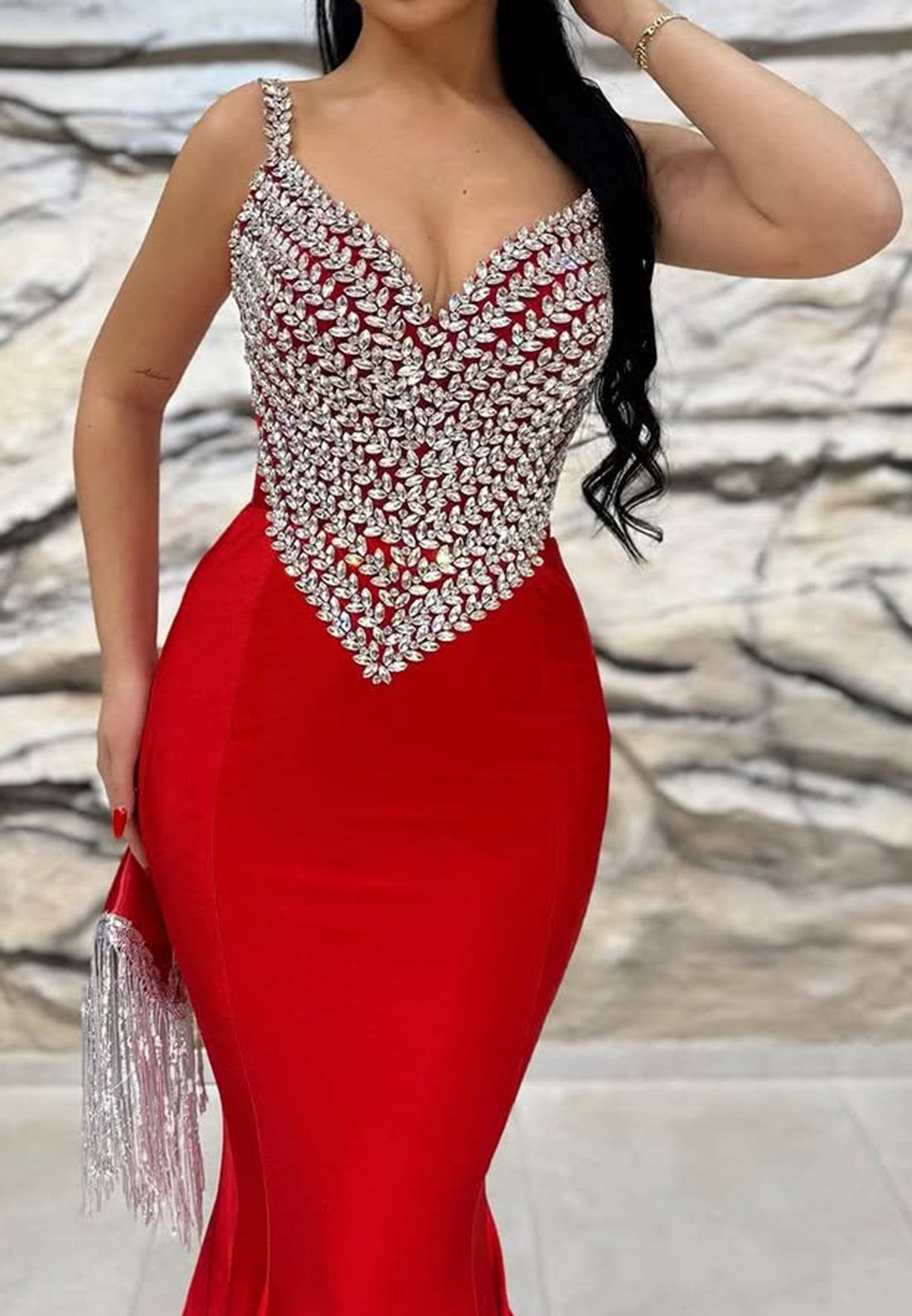 V-Neck Straps Beaded Pleated Sleek Evening Dress Mermaid Prom Dress