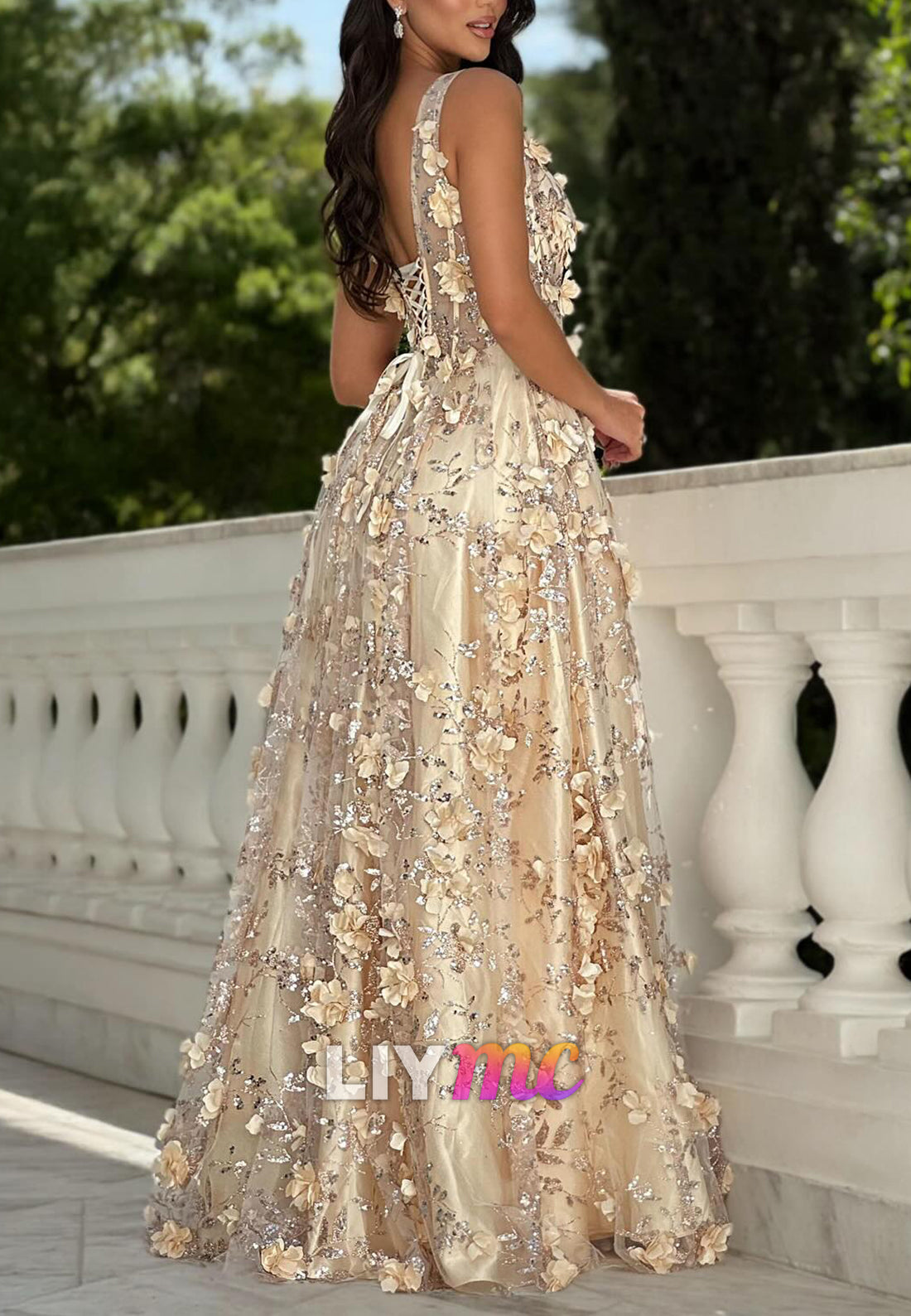 V-Neck Straps Floral Embellished Sparkly A-Line Prom Dress