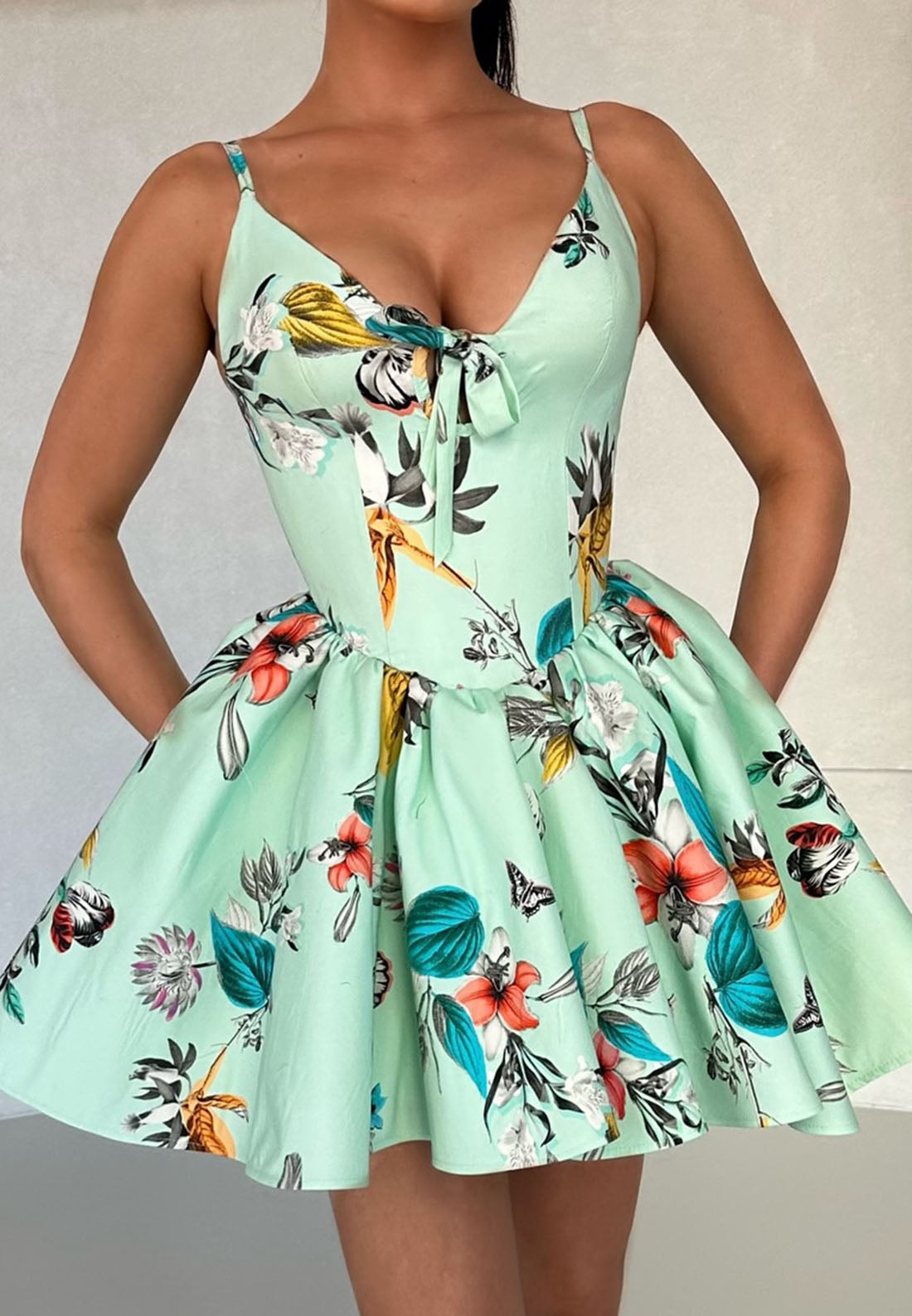 V-Neck Straps Floral Pleated Mint Green A-Line Short Party Dress