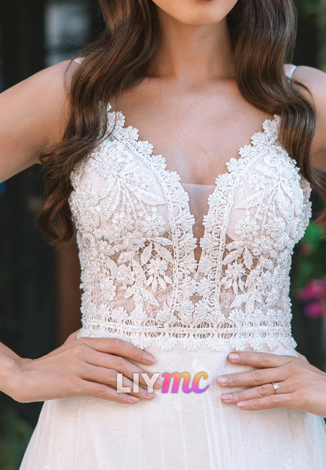 V-Neck Straps Lace Appliques A-Line Boho Wedding Dress