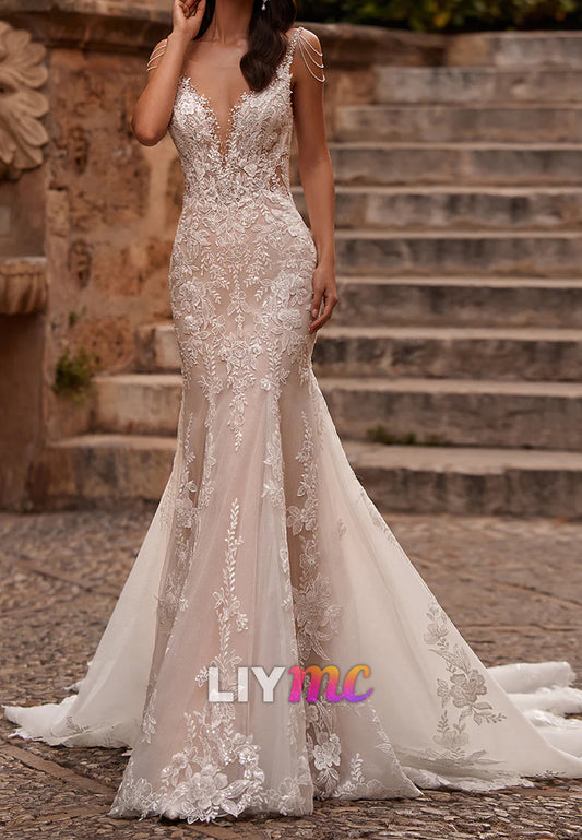 V-Neck Straps Lace Appliques Mermaid Wedding Dress