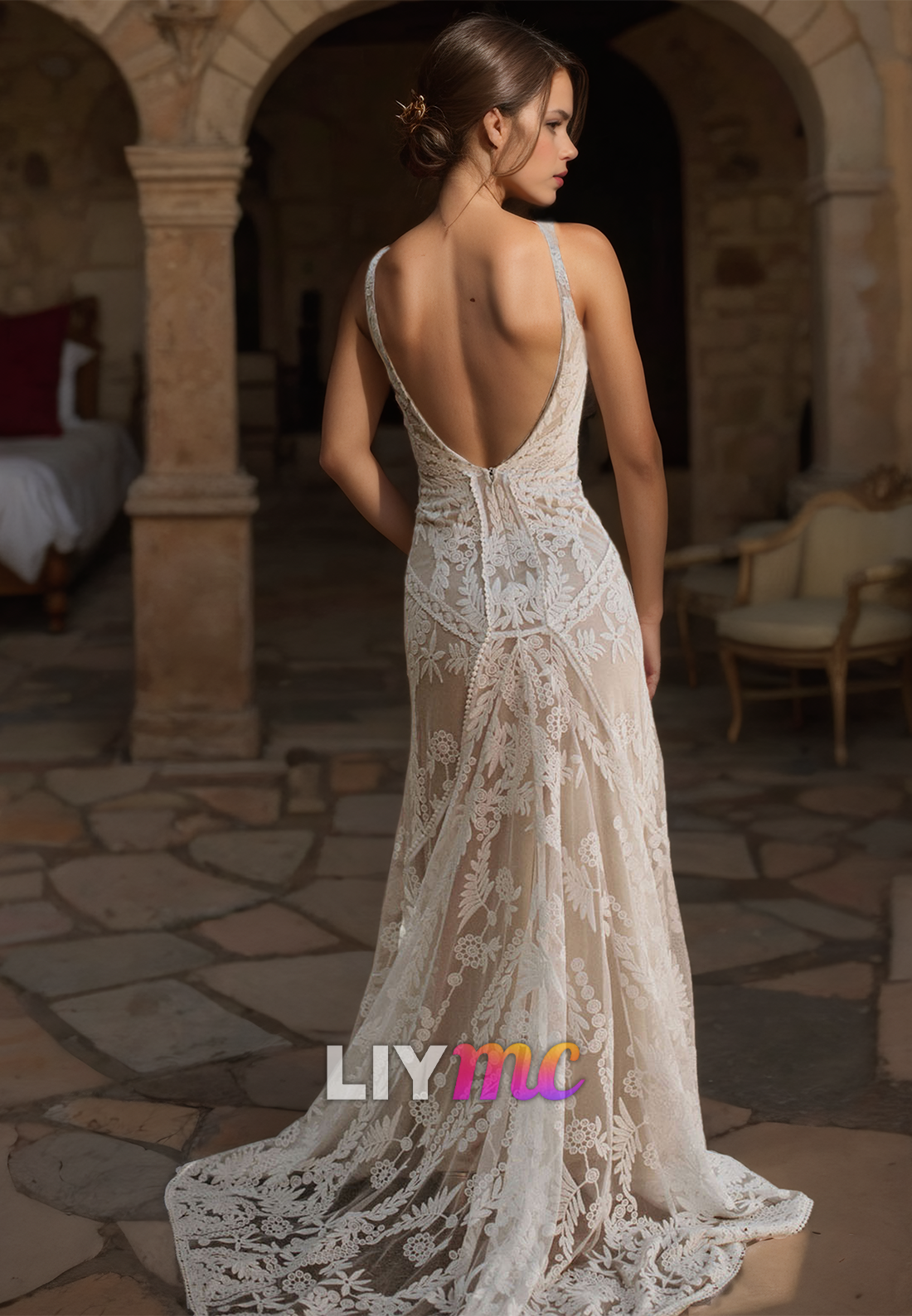 V-Neck Straps Lace Appliques Open Back Sheath Wedding Dress