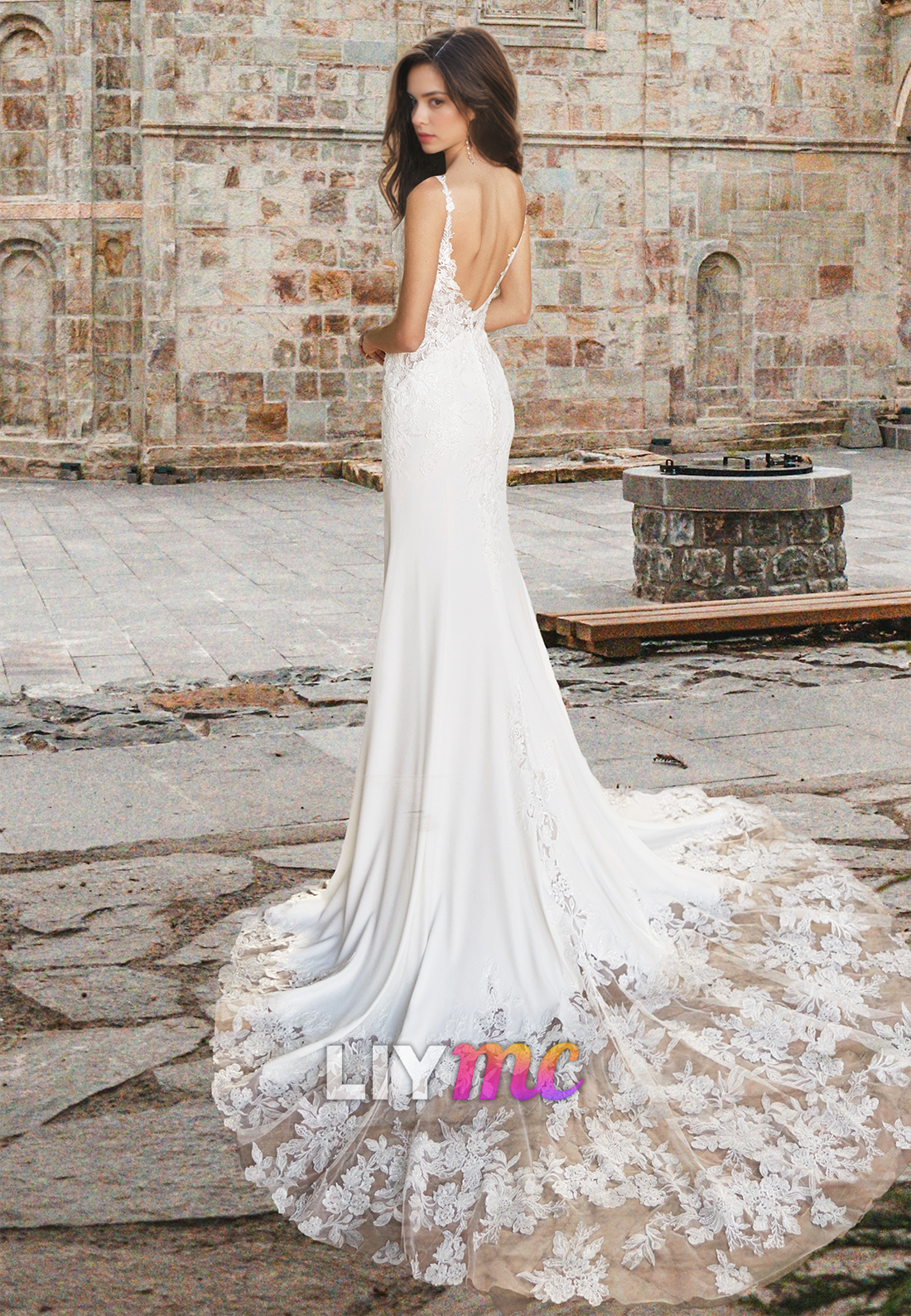 V-Neck Straps Lace Appliques Sleek Mermaid Wedding Dress
