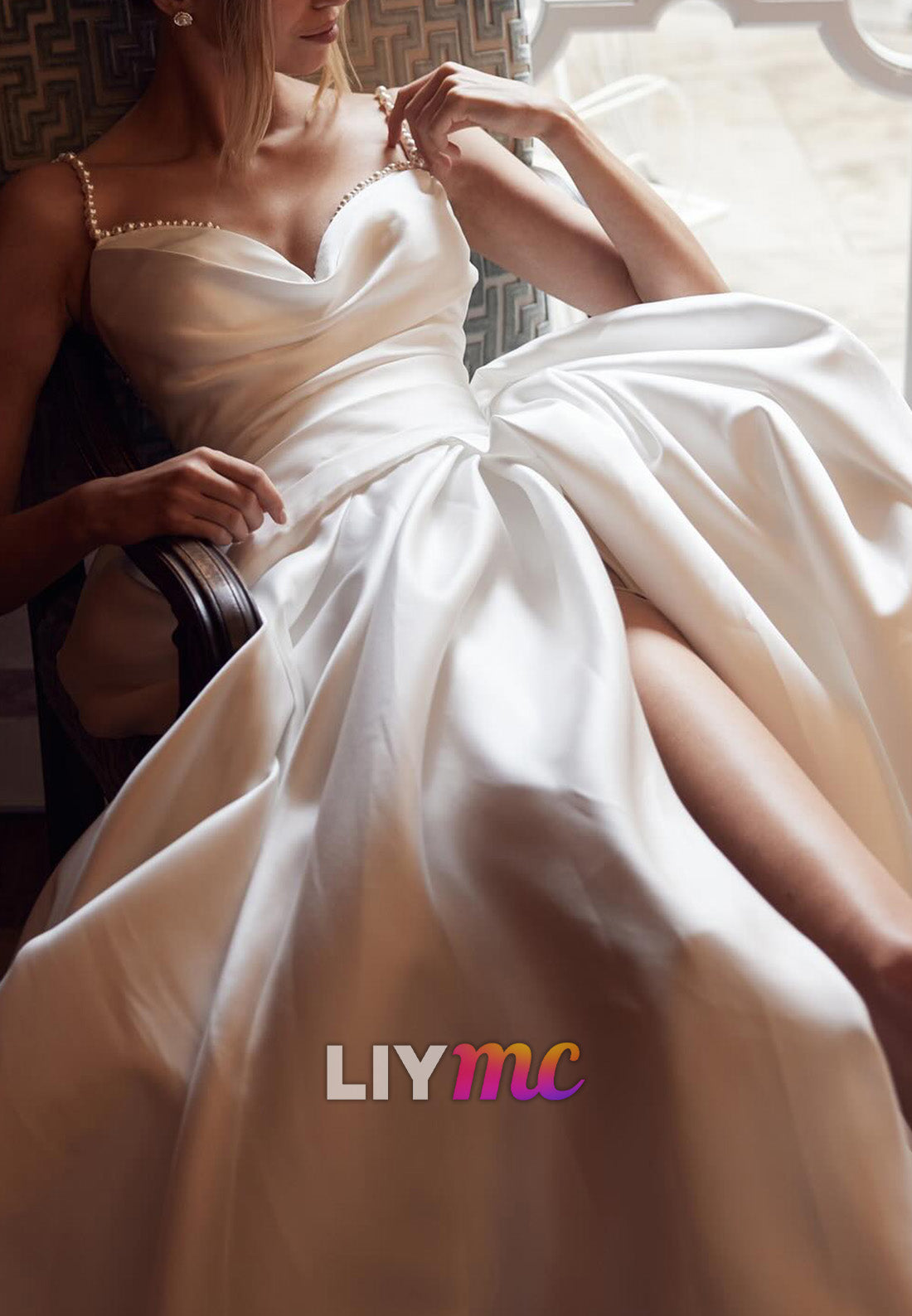 LY955 - V-Neck Straps Pleated High Slit Satin Sweep Train Wedding Dress