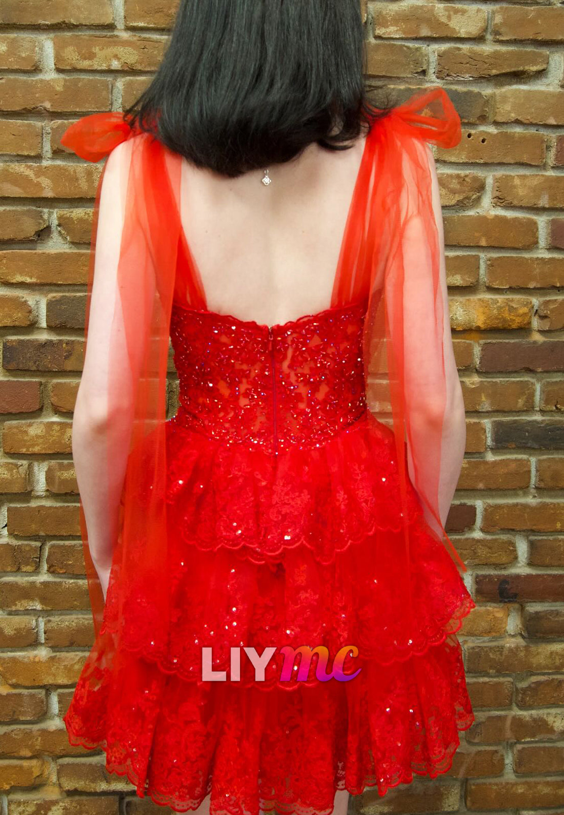 V-Neck Straps Sequins Appliques Tiered A-Line Homecoming Dress