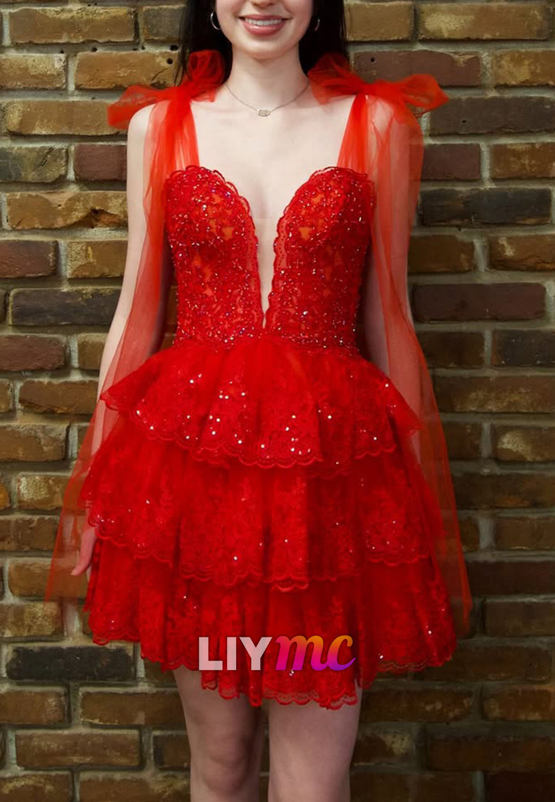 V-Neck Straps Sequins Appliques Tiered A-Line Homecoming Dress