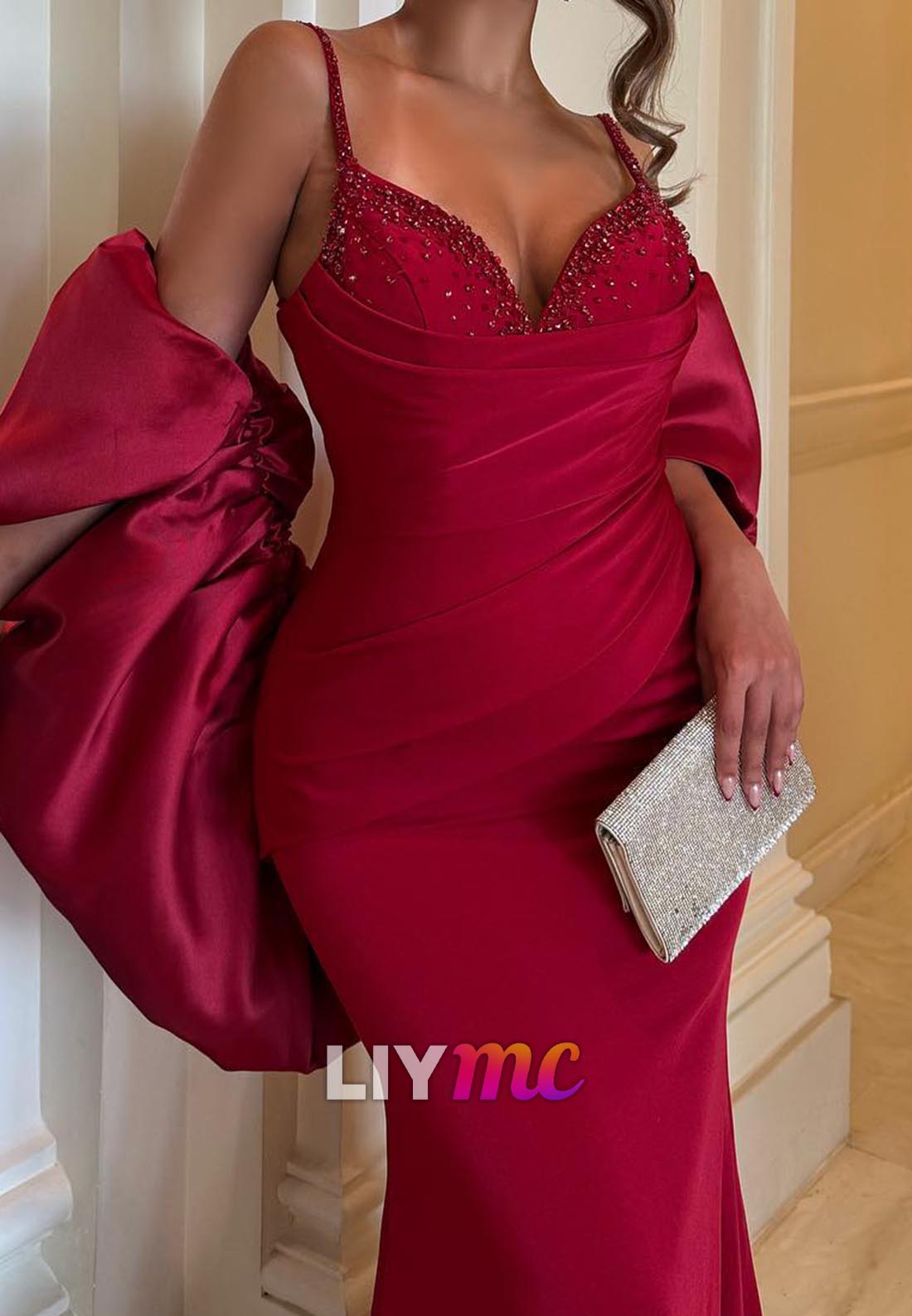 V-Neck Straps Sleeveless Pleated Mermaid Evening Dress