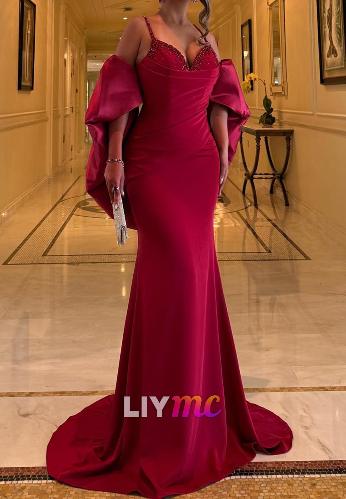 V-Neck Straps Sleeveless Pleated Mermaid Evening Dress