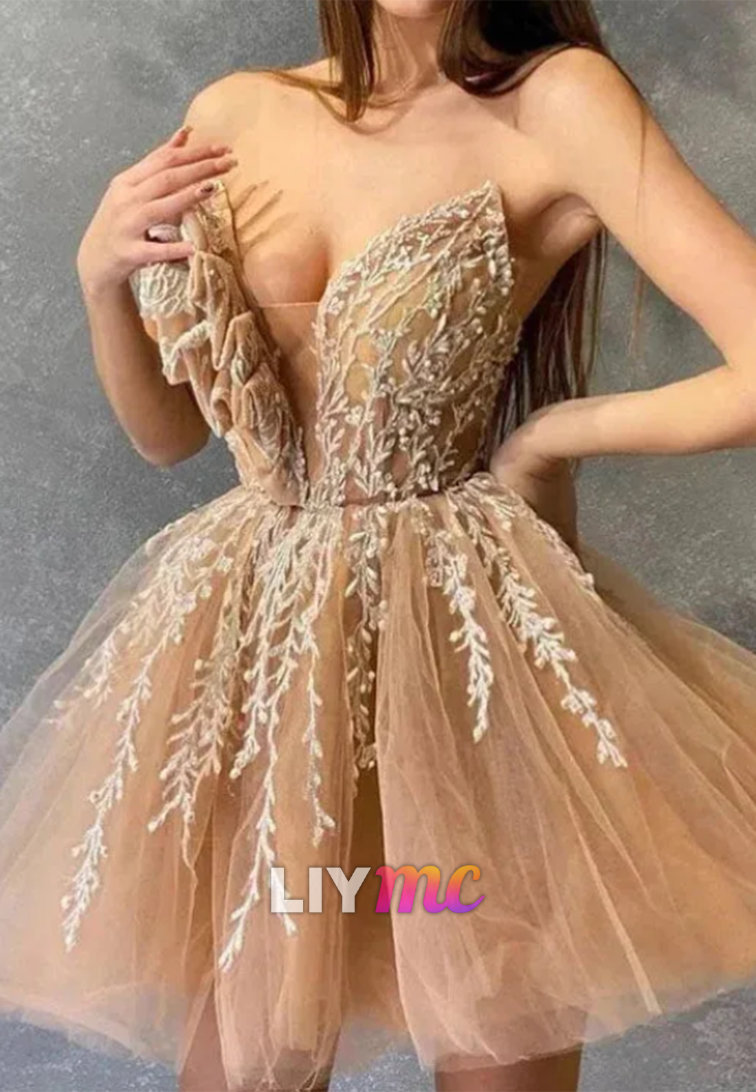 V-Neck Tulle Appliques A-Line Party Homecoming Dress