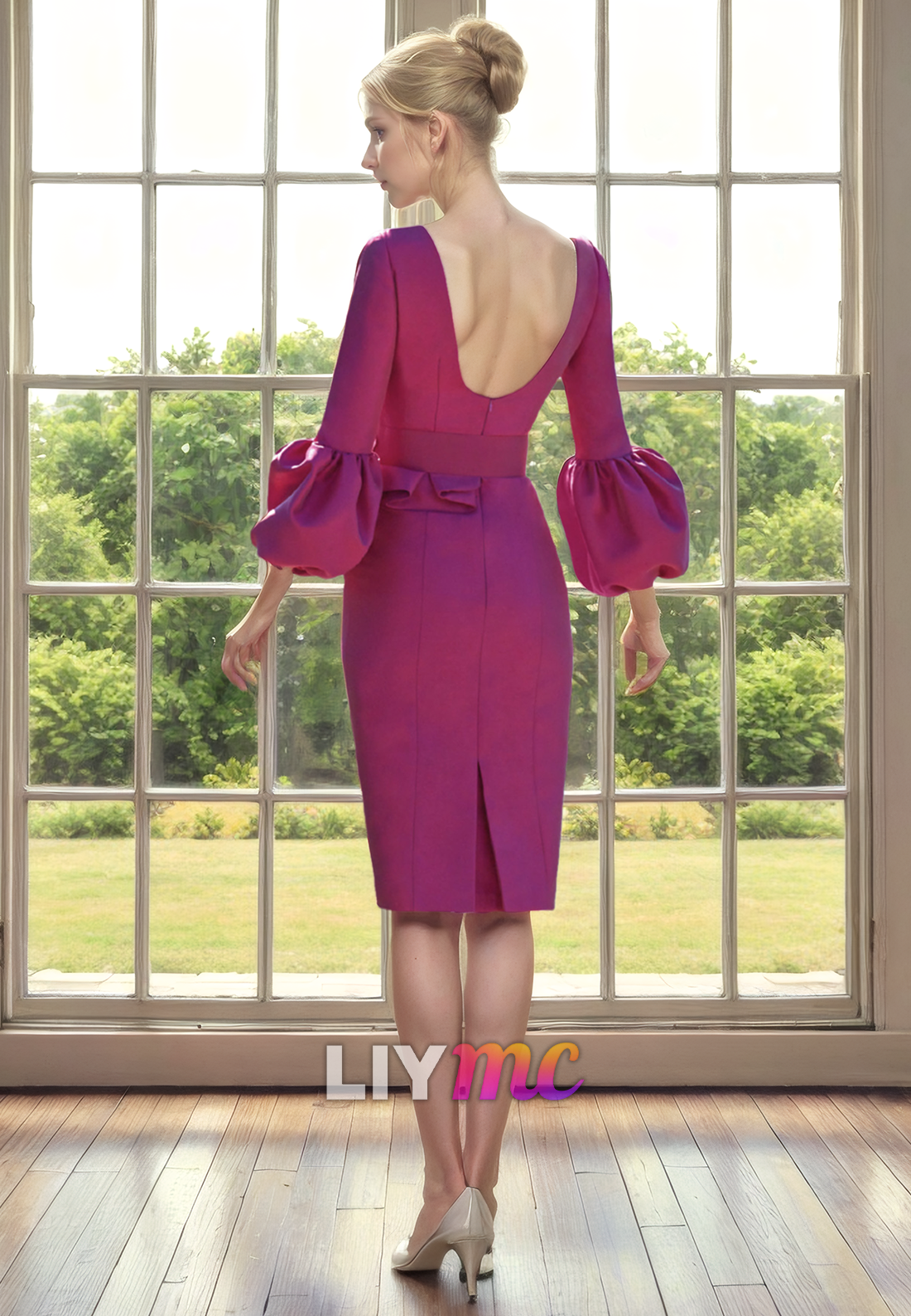 V-Neck Long Sleeves Sheath Satin Mother of Bride Dress Cocktail Dress