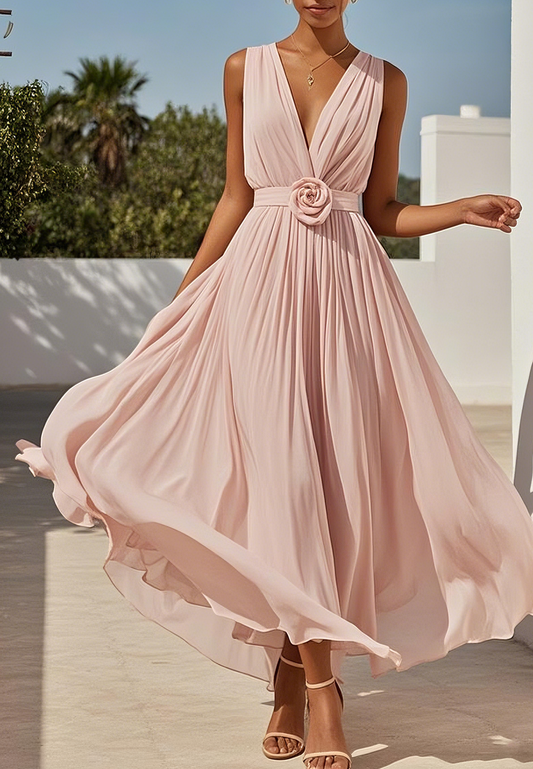 V-Neck Sleeveless Chiffon Pleated A-Line Cocktail Dress