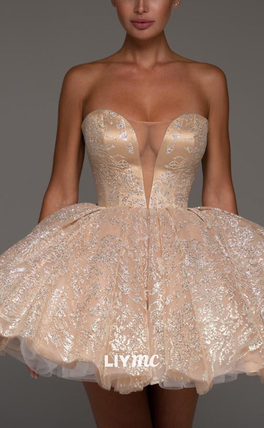 LY318 - V-Neck Sleeves Lace-Up Sparkly Short Homecoming Dress
