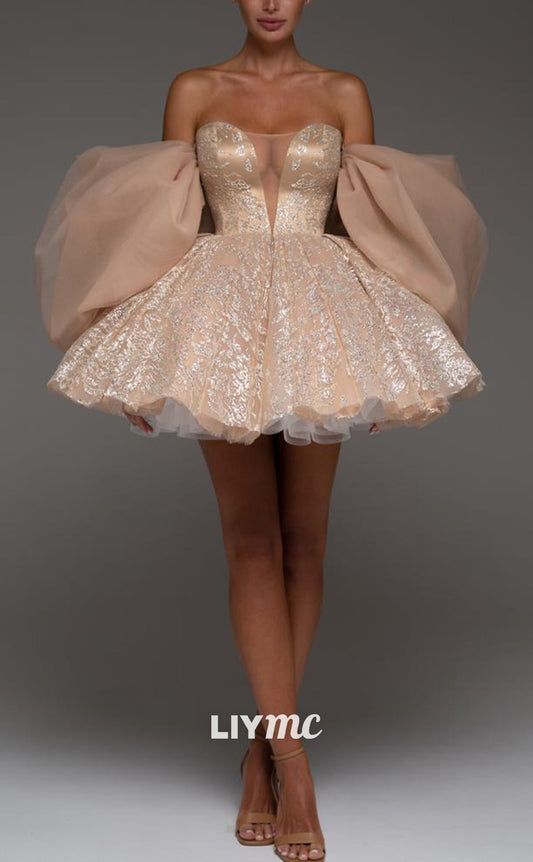 LY318 - V-Neck Sleeves Lace-Up Sparkly Short Homecoming Dress