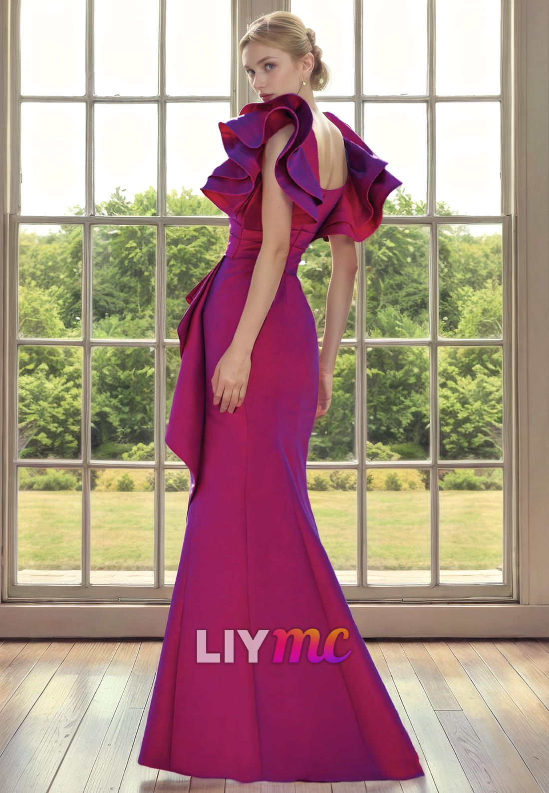 V-Neck Sleeves Ruffled High Slit Mother of Bride Dress Cocktail Dress