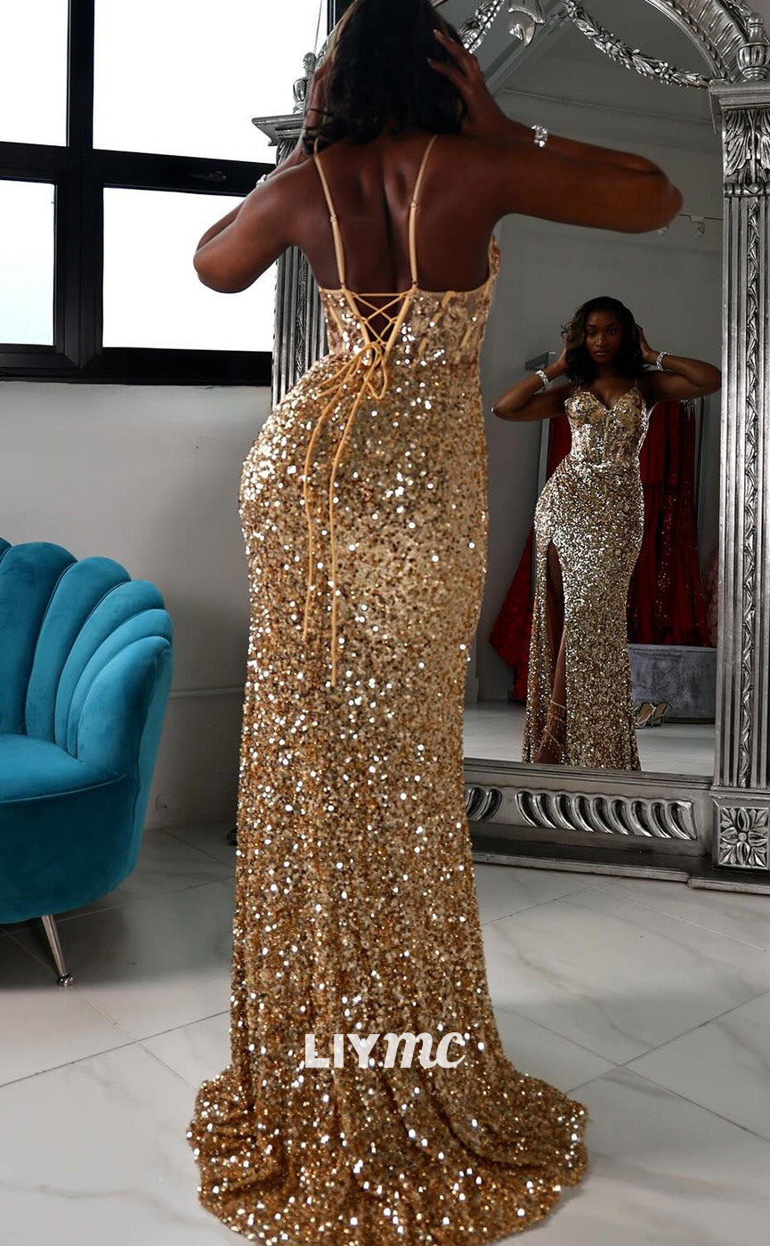 LP2205 - V-Neck Spaghetti Straps Appliques Sparkly High Slit Prom Dress for Black Girls