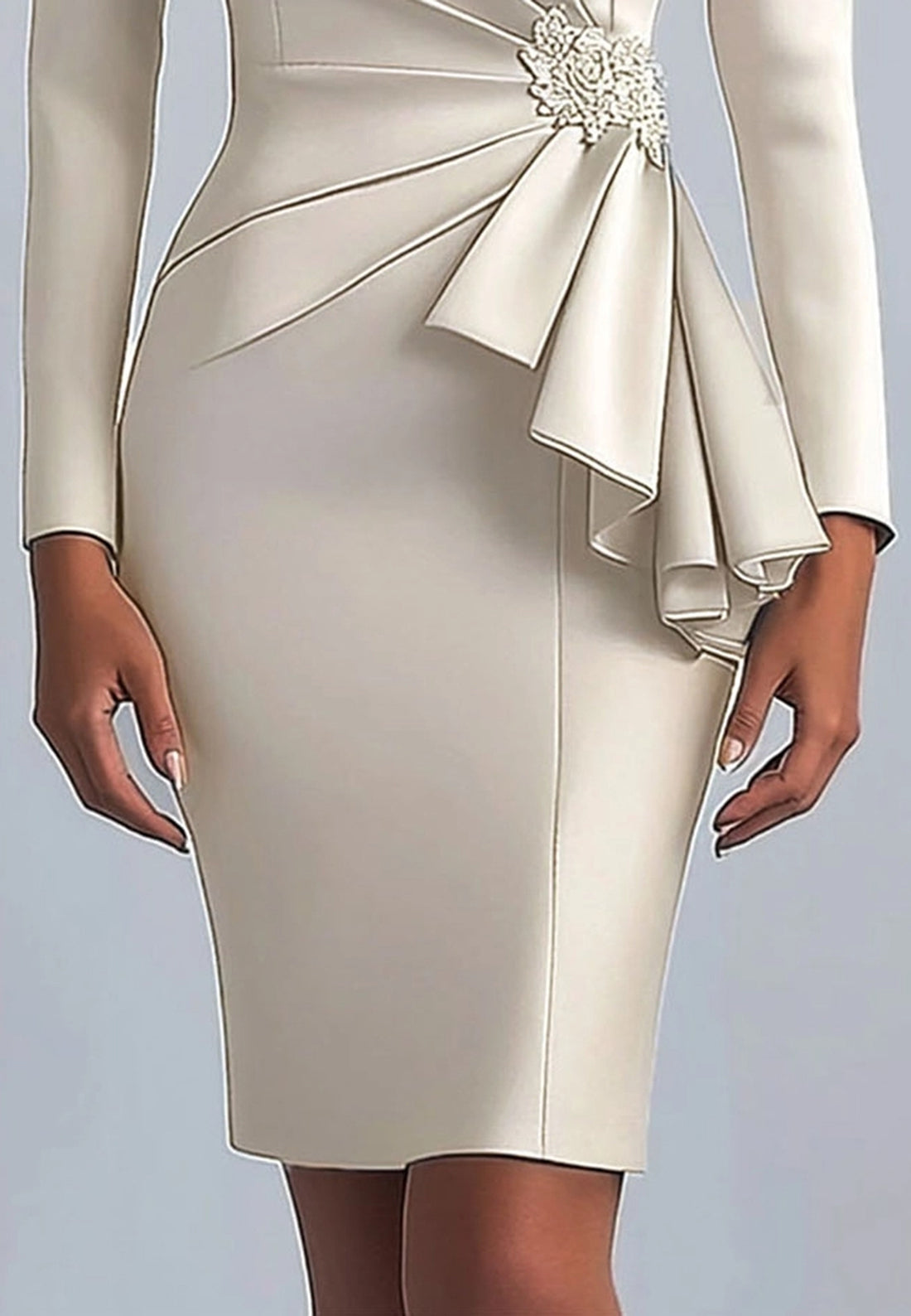 V-Neck long Sleeves Pleated Sleek Sheath Short Wedding Guest Dress