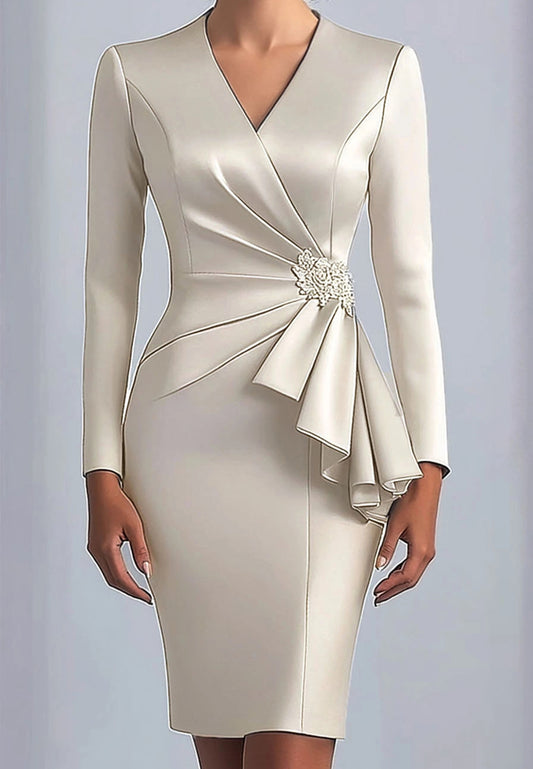 V-Neck long Sleeves Pleated Sleek Sheath Short Wedding Guest Dress