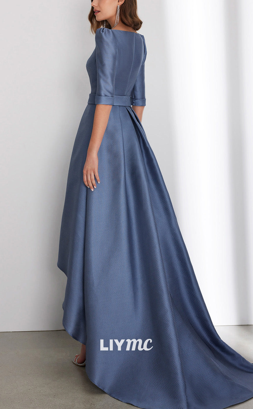 M1239 - V-Nek Half Sleeves A-Line Pleated Sleek Satin Mother of Bride Dress Cocktail Dress