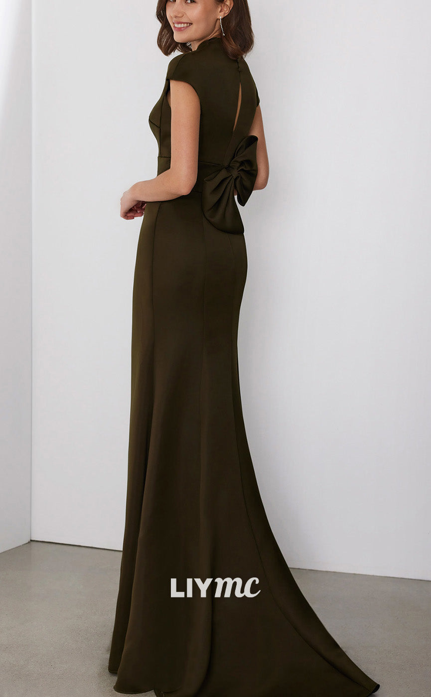 M1242 - V-Nevk Cap Sleeves Sleek Satin Mother of Bride Dress Cocktail Dress