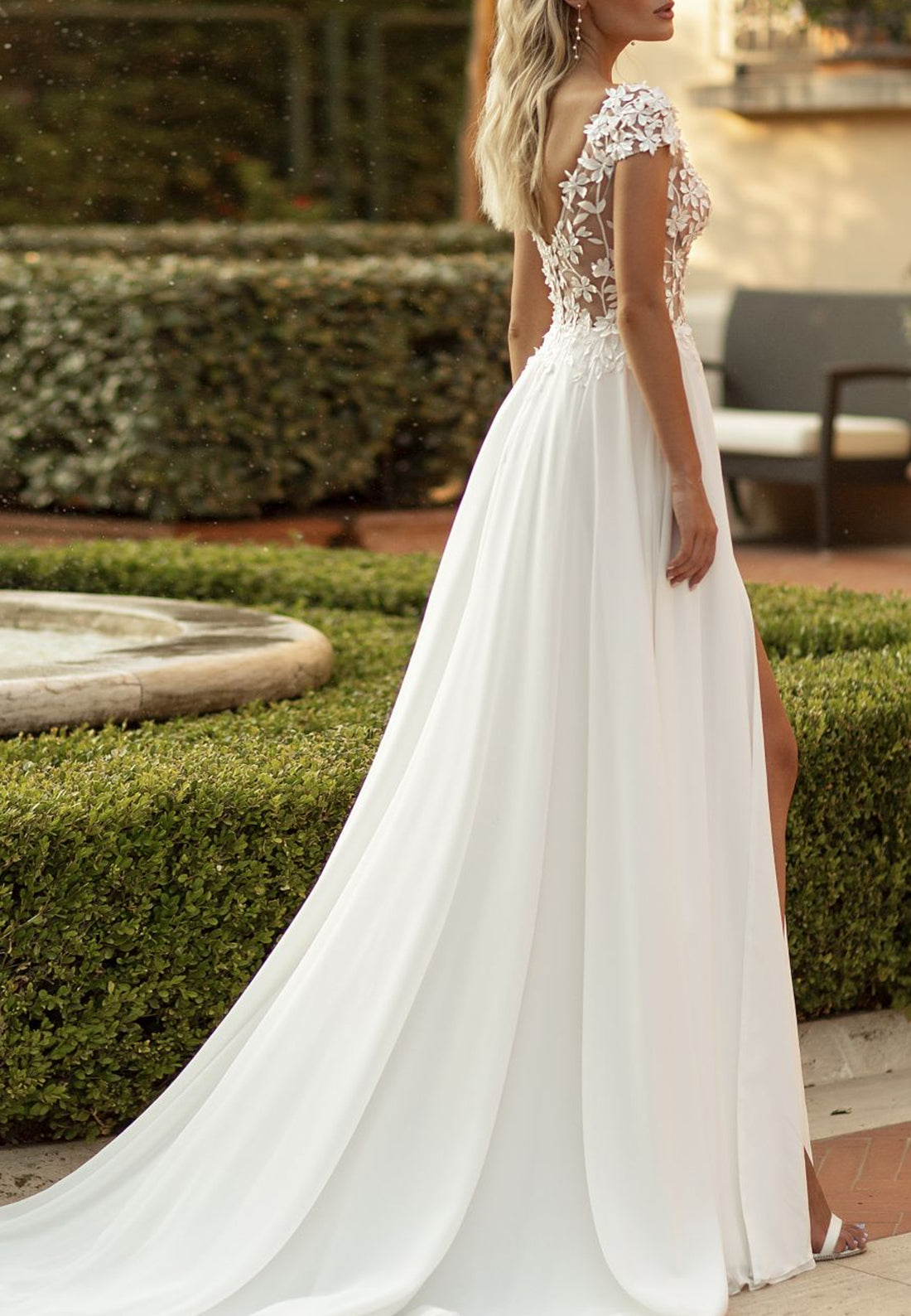 V-Neck Cap Sleeves Appliques Side Slit A-Line Beach Wedding Dress