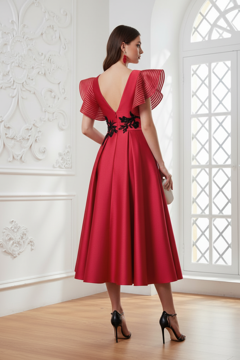 V-Neck Sleeves Appliques A-Line Mother of Bride Dress