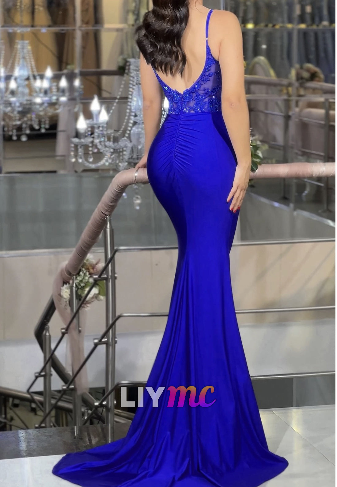 V-Neck Spaghetti Straps Appliques Sleek Mermaid Prom Dress