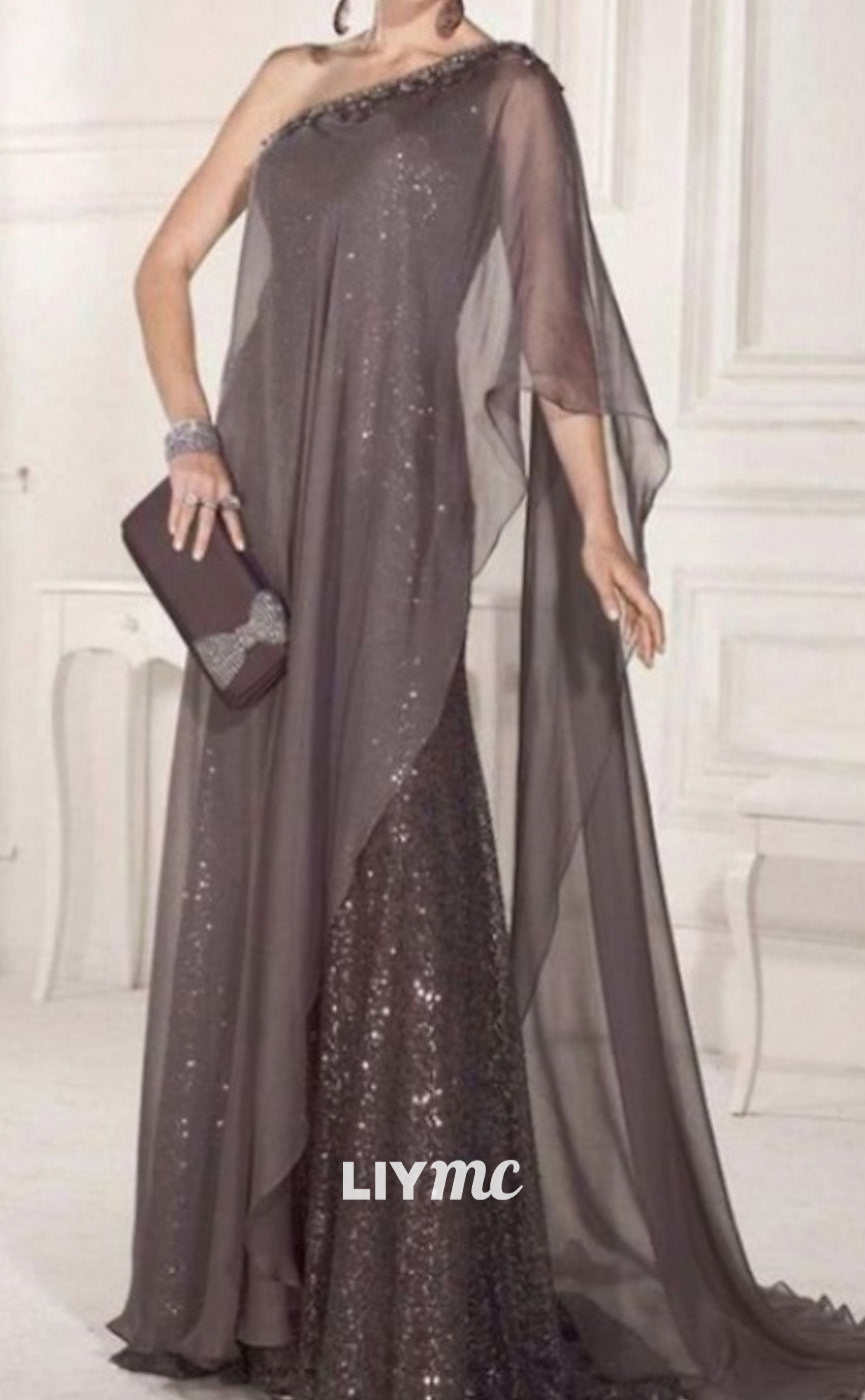 M1054 - Wedding Guest Elegant Party Sparkle & Shine One Shoulder Sweep Brush Train Chiffon Lace Sleeveless with Pleats Sequin