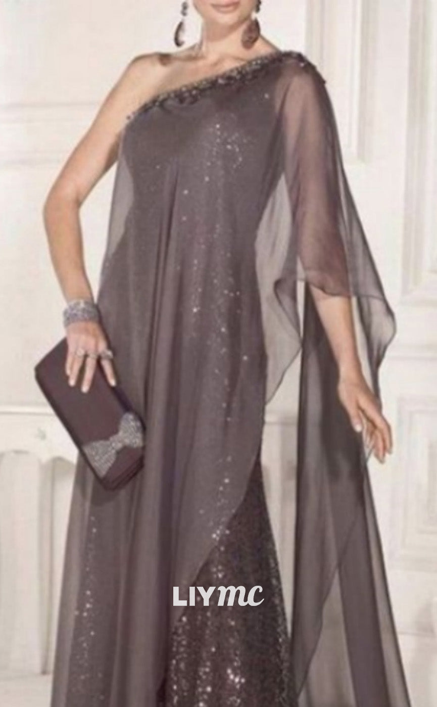 M1054 - Wedding Guest Elegant Party Sparkle & Shine One Shoulder Sweep Brush Train Chiffon Lace Sleeveless with Pleats Sequin